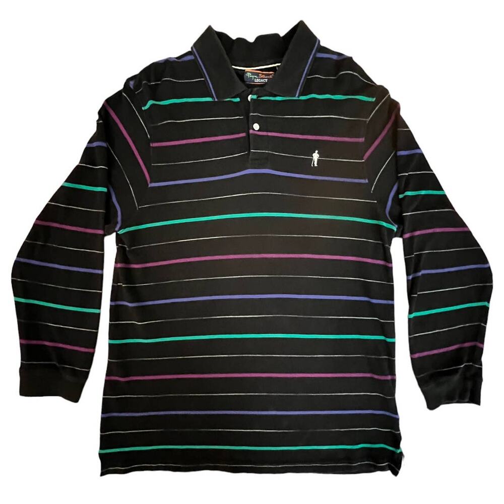 Payne Stewart Legacy Black & Multicolor Stripes‎ Long Sleeve Polo Shirt Men's L